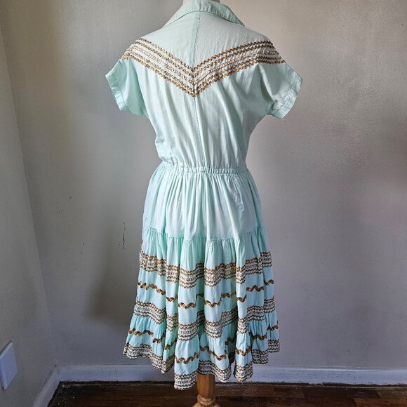 Vintage 50s 60s Blue Gold Patio Siesta Fiesta Squaw Southwestern Dress Medium - Picture 9 of 10